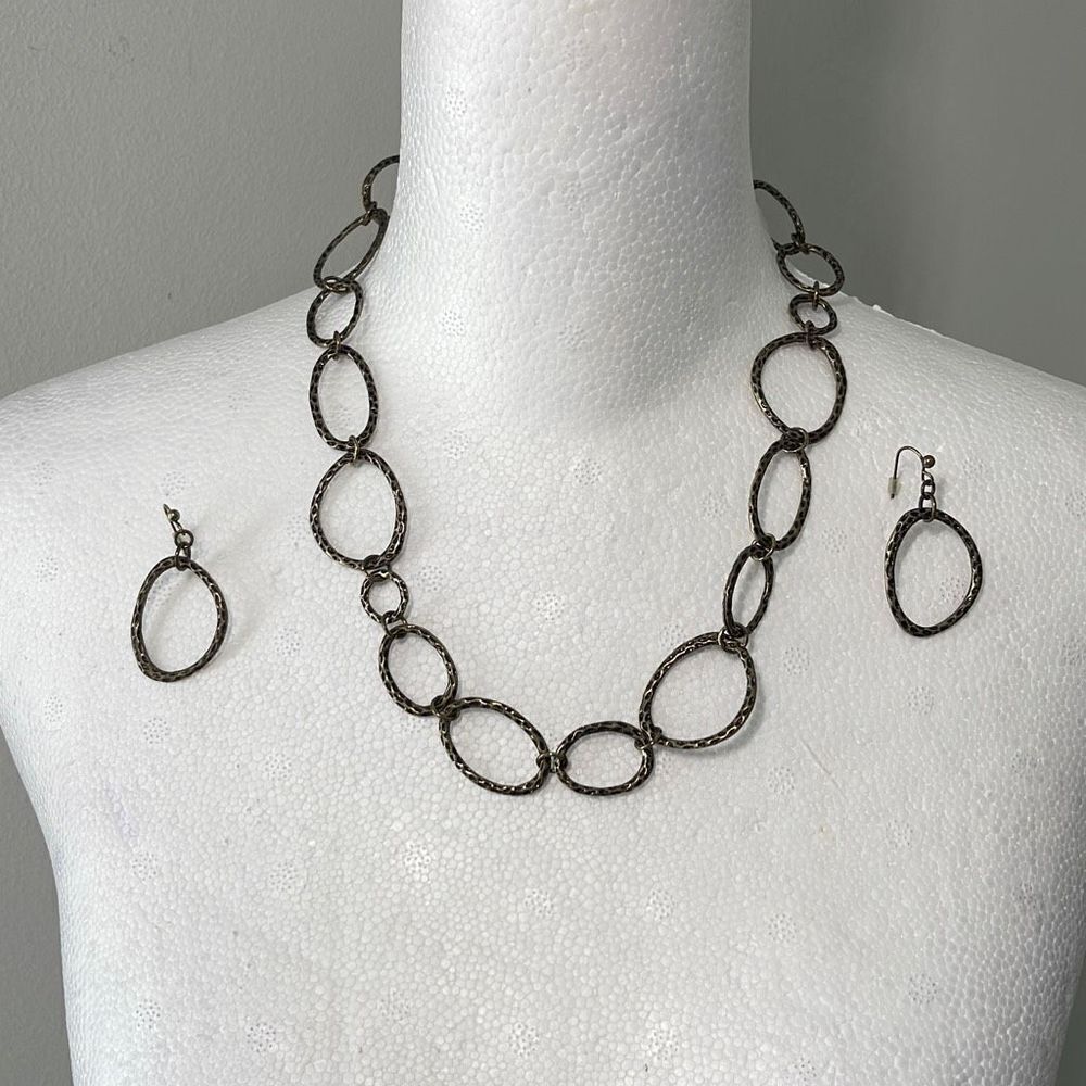 Vintage Finished Textured Oval Linked Necklace And Earrings Set OS‎